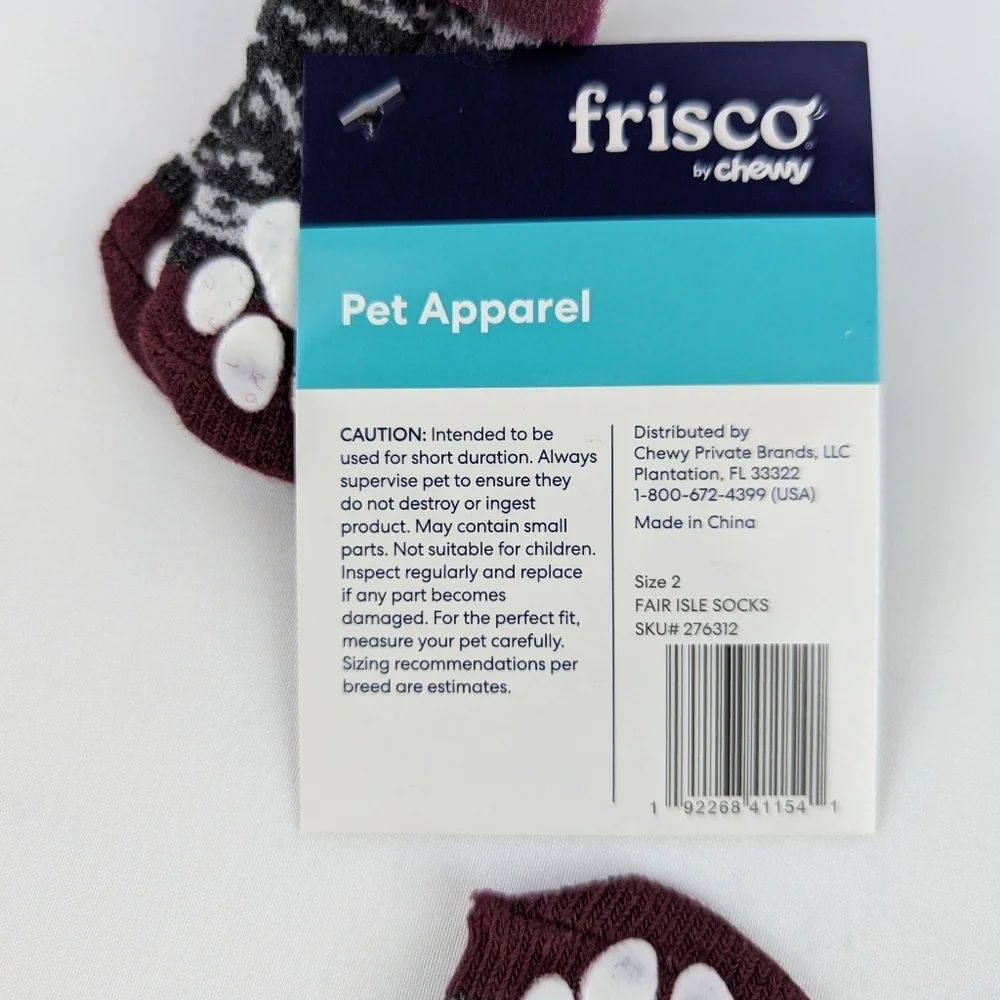 Chewy Frisco Dog Socks Small Breed Non-Skid Indoor Fair Isle Grey Size 2 NWT